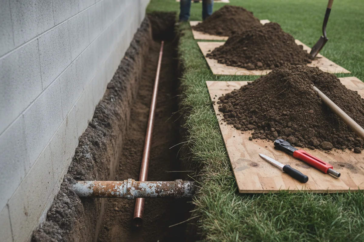 Excavated water line trench during Sewer Line Repair in Kinston
